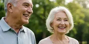 Casal idoso feliz caminhando em um parque ensolarado, representando a aposentadoria tranquila em 2026.