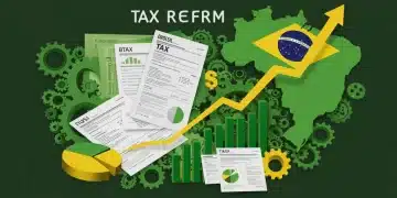Ilustração da reforma tributária brasileira, com engrenagens, mapa do Brasil e documentos fiscais.