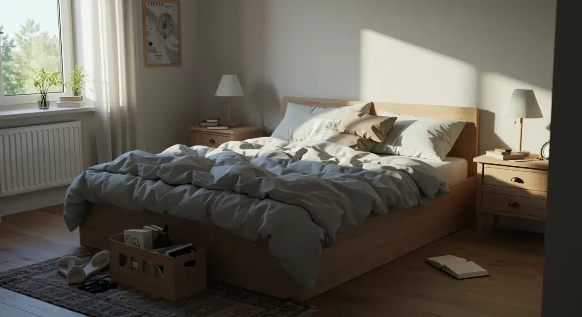 Quarto organizado e sereno, pessoa meditando, refletindo paz mental e ambiente harmonioso.