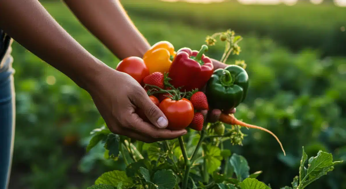 Colheita de produtos orgânicos frescos, resultado do investimento em agricultura familiar e subsídios.