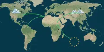 Mapa global destacando Brasil e União Europeia, com símbolos de crise climática e comércio agrícola.