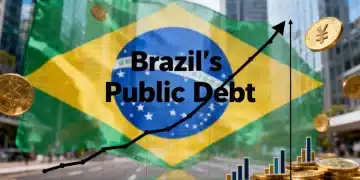 Gráfico financeiro mostrando o aumento da dívida pública brasileira com elementos da bandeira do Brasil e símbolos monetários.