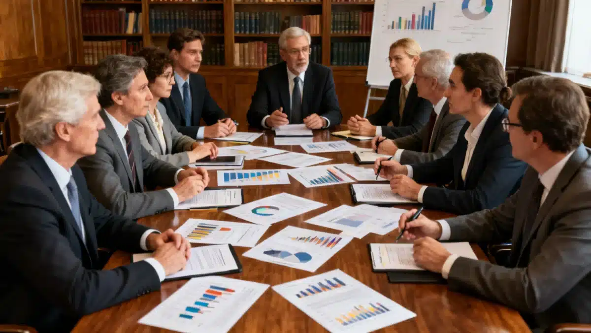 Economistas e formuladores de políticas discutindo estratégias fiscais para o Brasil.