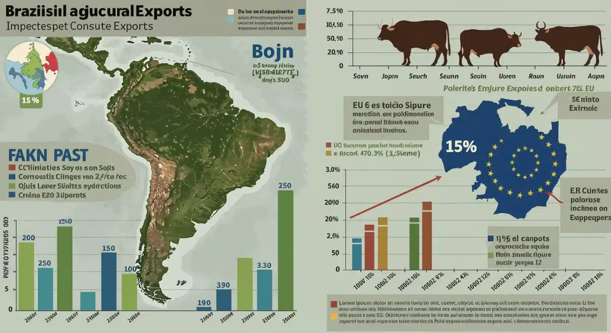 Infográfico detalhando o impacto das políticas da UE nas exportações agrícolas do Brasil, com dados e projeções.
