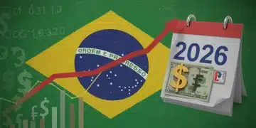 Gráfico de inflação subindo sobre a bandeira do Brasil com símbolos de dinheiro e calendário de 2026, representando as perspectivas econômicas.