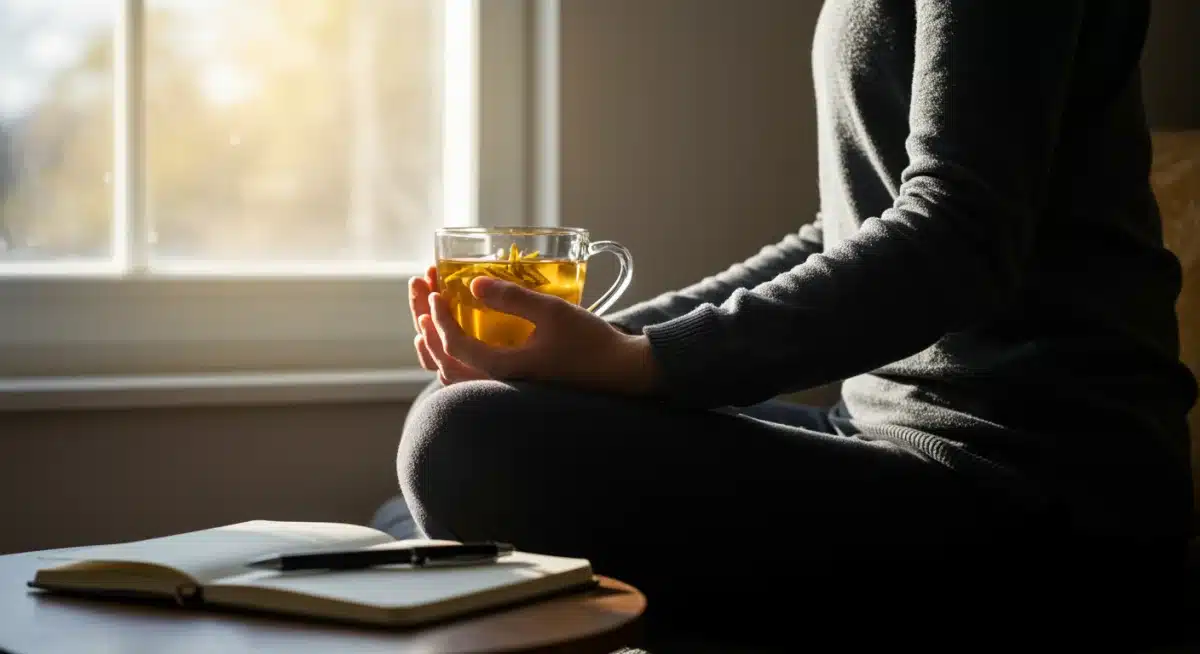 Pessoa meditando tranquilamente à luz da manhã com uma xícara de chá, simbolizando paz interior.