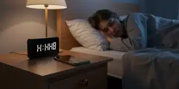 Pessoa dormindo tranquilamente em uma cama aconchegante, com um smartphone virado para baixo na mesa de cabeceira, simbolizando a desconexão digital.