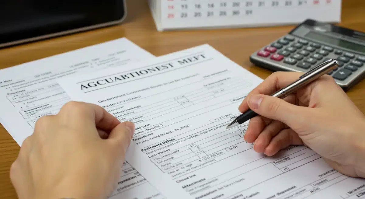 Pessoa preenchendo formulários para solicitação do BPC, com documentos e calculadora.