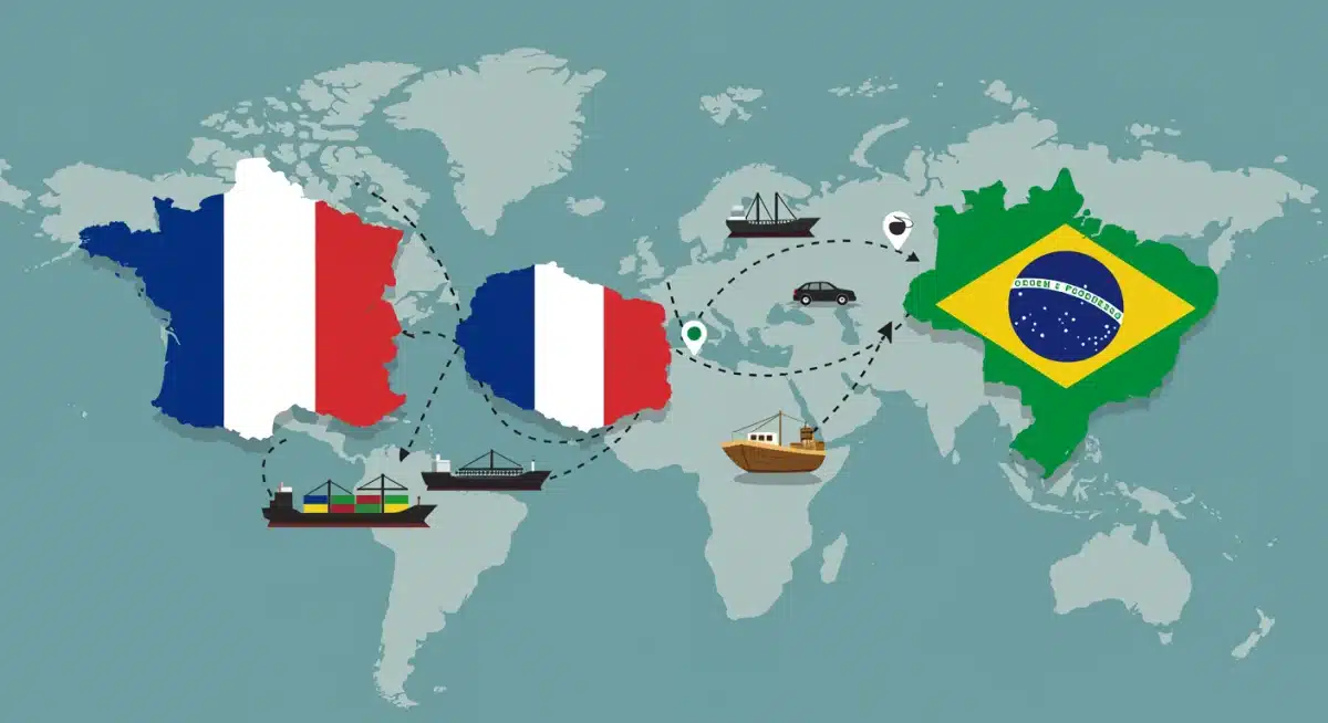 Mapa com rotas comerciais entre Brasil e França, simbolizando o intercâmbio econômico.