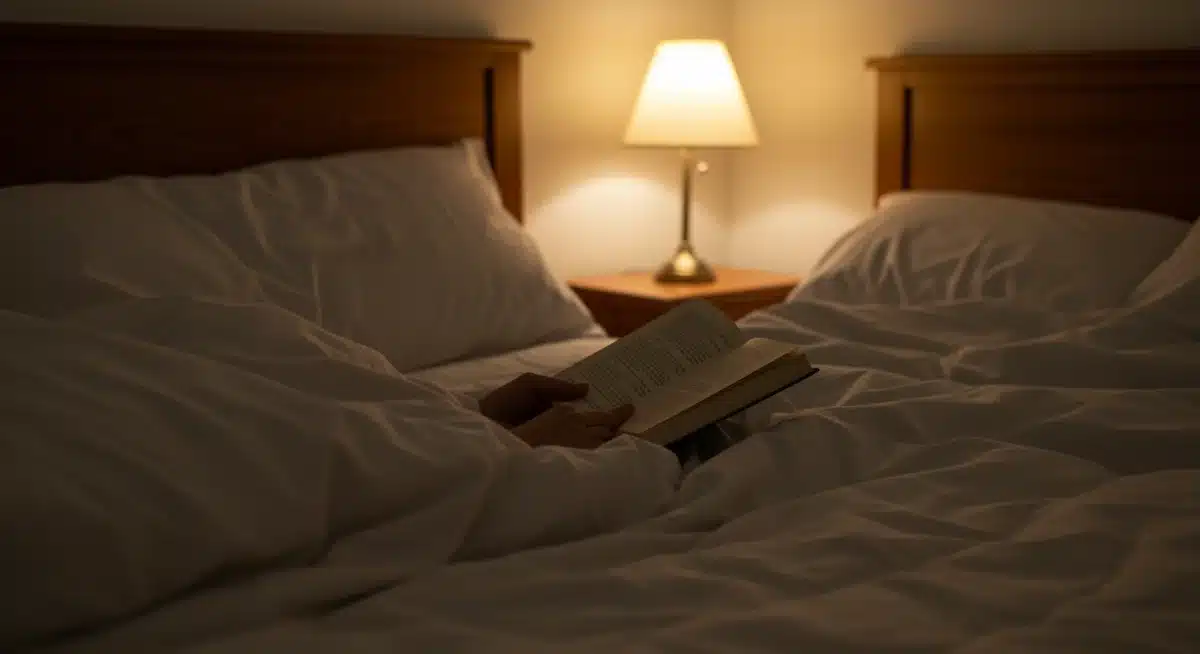 Quarto sereno com luzes suaves, uma pessoa lendo um livro físico na cama, sem dispositivos eletrônicos, ilustrando uma rotina de relaxamento antes de dormir.