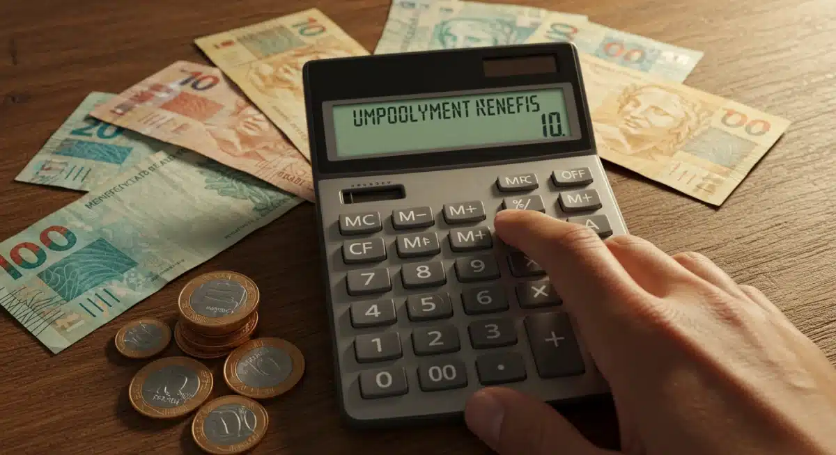 Mão segurando calculadora com cédulas e moedas, simbolizando cálculo de seguro-desemprego