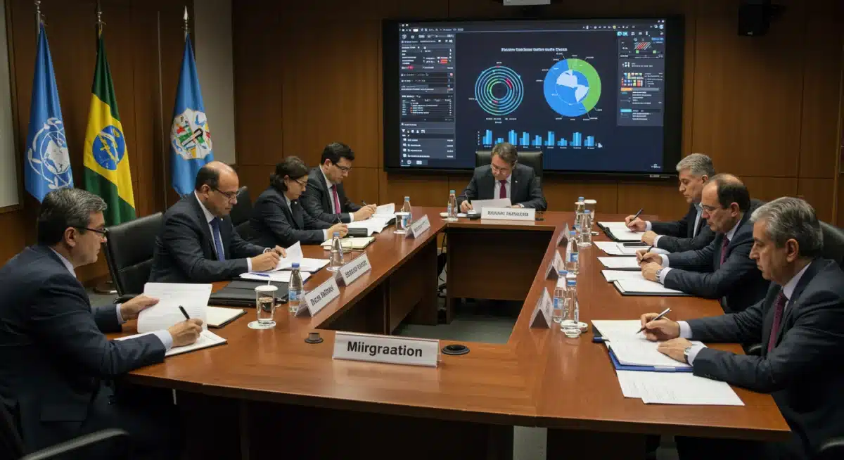 Delegados internacionais discutindo políticas migratórias em uma conferência, com gráficos e dados ao fundo.