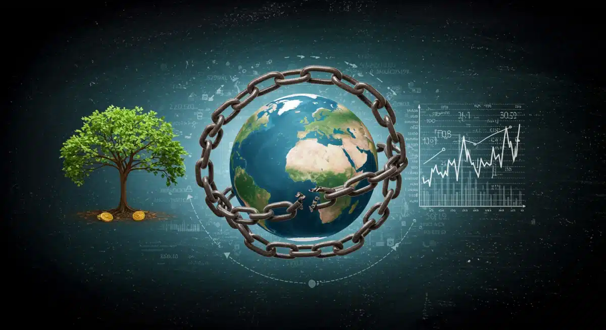 Ilustração da interconexão entre mudanças climáticas, desigualdade econômica e estabilidade financeira global.