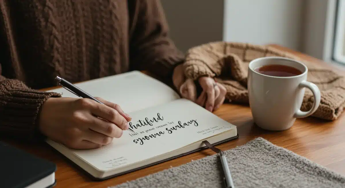 Mão escrevendo em um diário com uma xícara de chá, simbolizando a prática da gratidão.