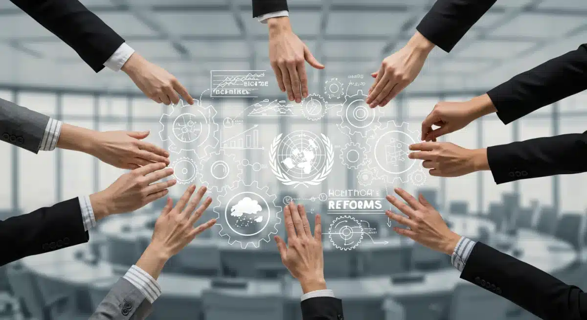 Representação visual da diplomacia multilateral e negociações para reformas na governança global.