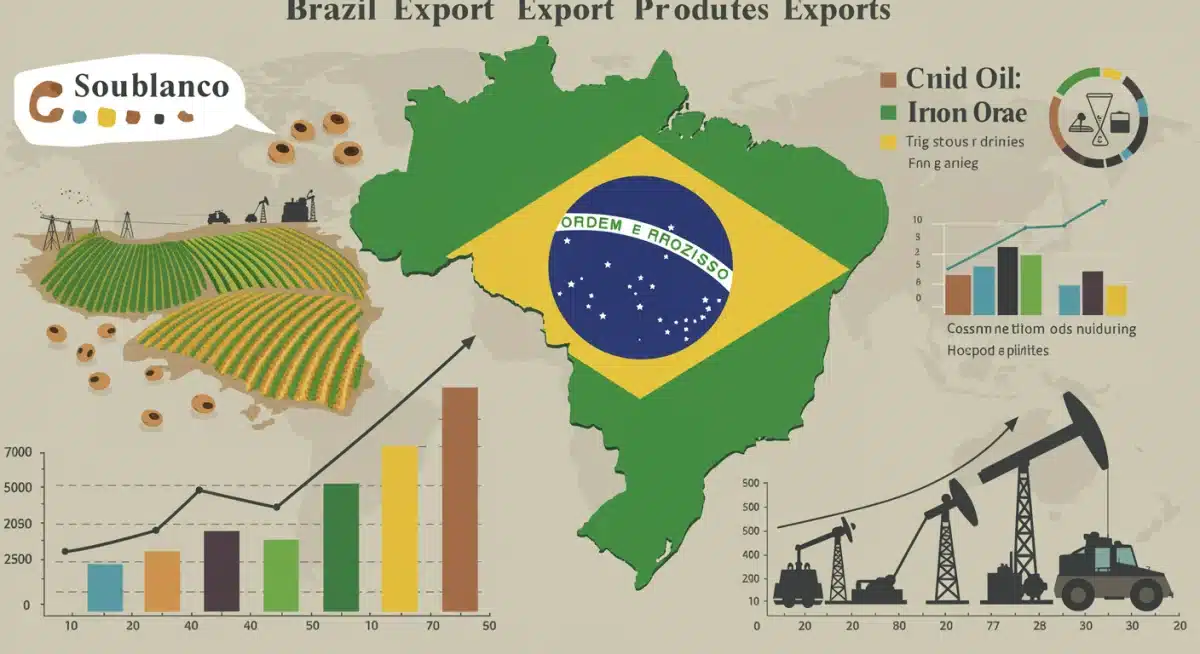 Infográfico detalhado com os principais produtos de exportação do Brasil, como soja, minério de ferro e petróleo, com gráficos de crescimento.