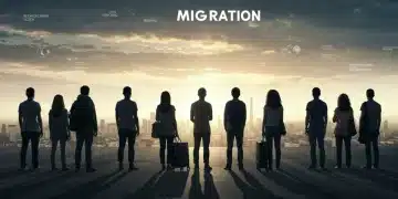 Pessoas de diversas origens em uma paisagem urbana, simbolizando a imigração global e seus desafios.