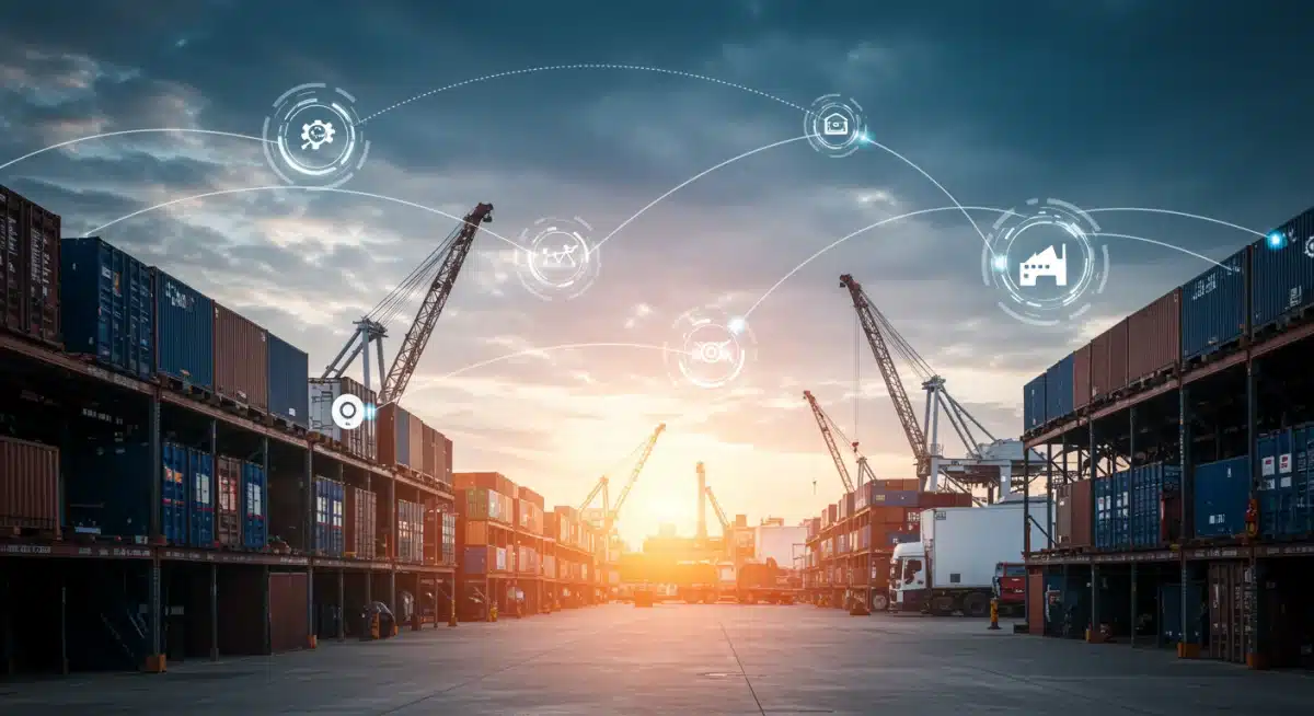 Representação de tecnologia e inovação na cadeia de suprimentos, com linhas digitais conectando armazéns, fábricas e portos, simbolizando a modernização das importações.