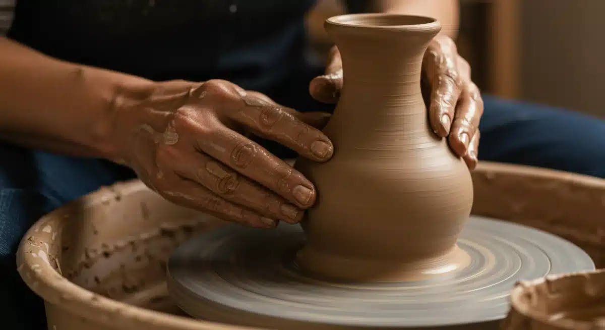 Mãos moldando argila em uma roda de cerâmica, representando o hobby da cerâmica.