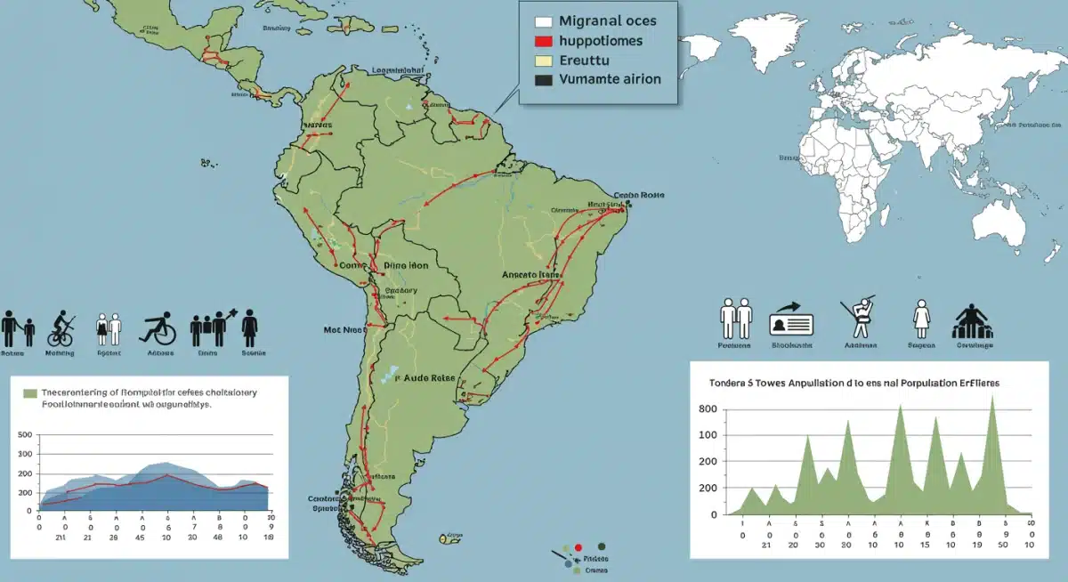 Mapa da América do Sul com rotas de migração, destacando fluxos e desafios regionais.