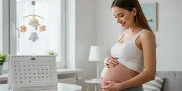 Mulher grávida sorrindo, tocando a barriga, com um calendário de 2026 ao fundo, simbolizando o salário-maternidade.