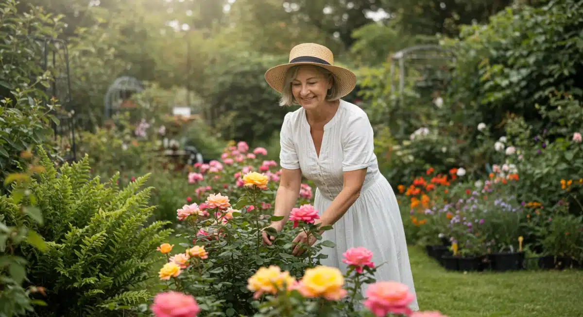 Pessoa cuidando de plantas em um jardim, ilustrando a jardinagem como um hobby terapêutico.