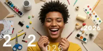 Pessoa sorrindo enquanto pinta, cercada por materiais de arte, simbolizando a descoberta de novos hobbies criativos em 2026.