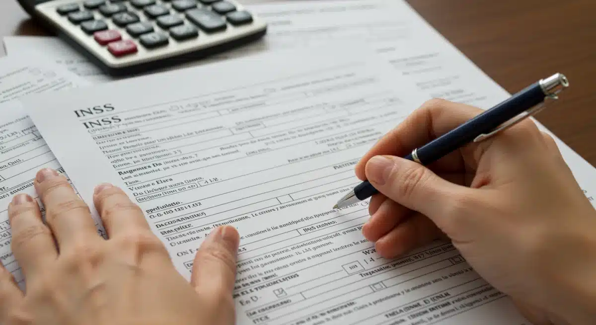 Mãos preenchendo formulários do INSS para solicitação de salário-maternidade, com calculadora.