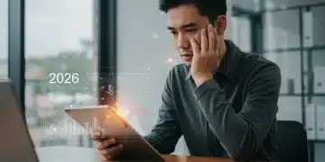 Pessoa preocupada olhando para tablet com calendário 2026 e gráfico, representando seguro-desemprego