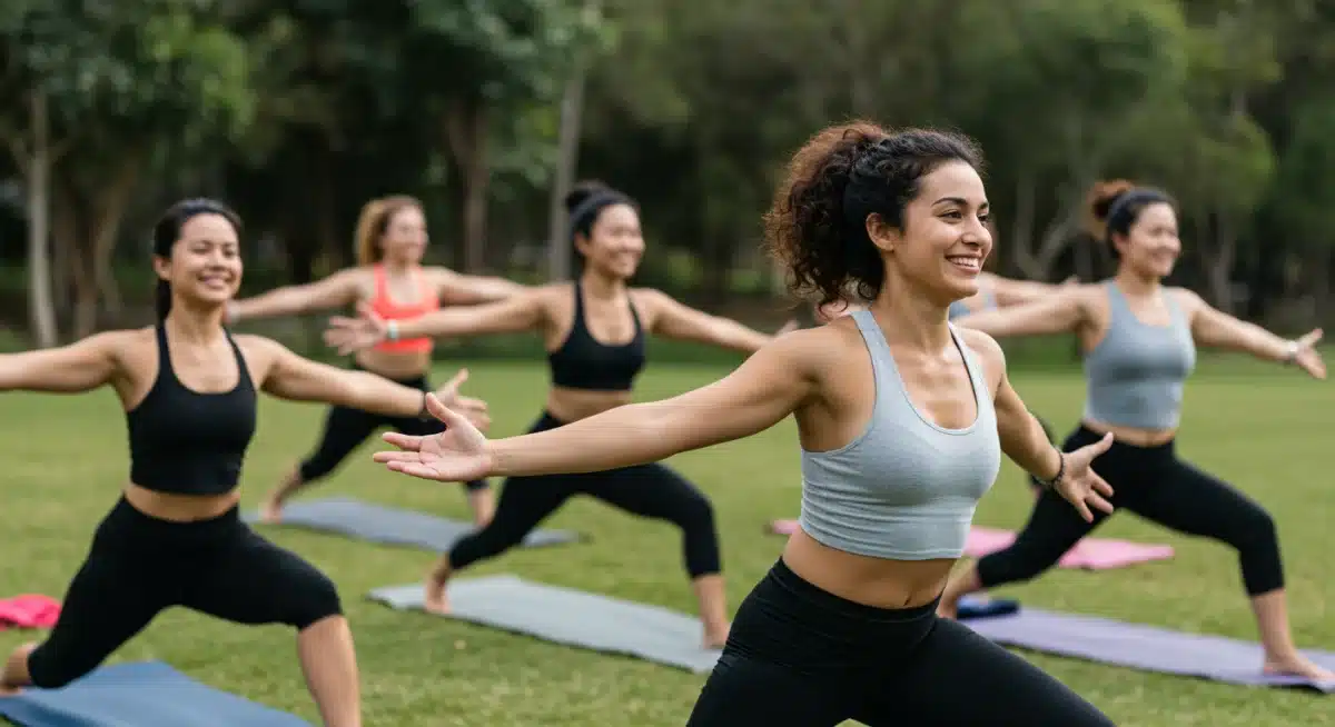 Grupo de pessoas praticando yoga ao ar livre, representando atividade física e conexão social.