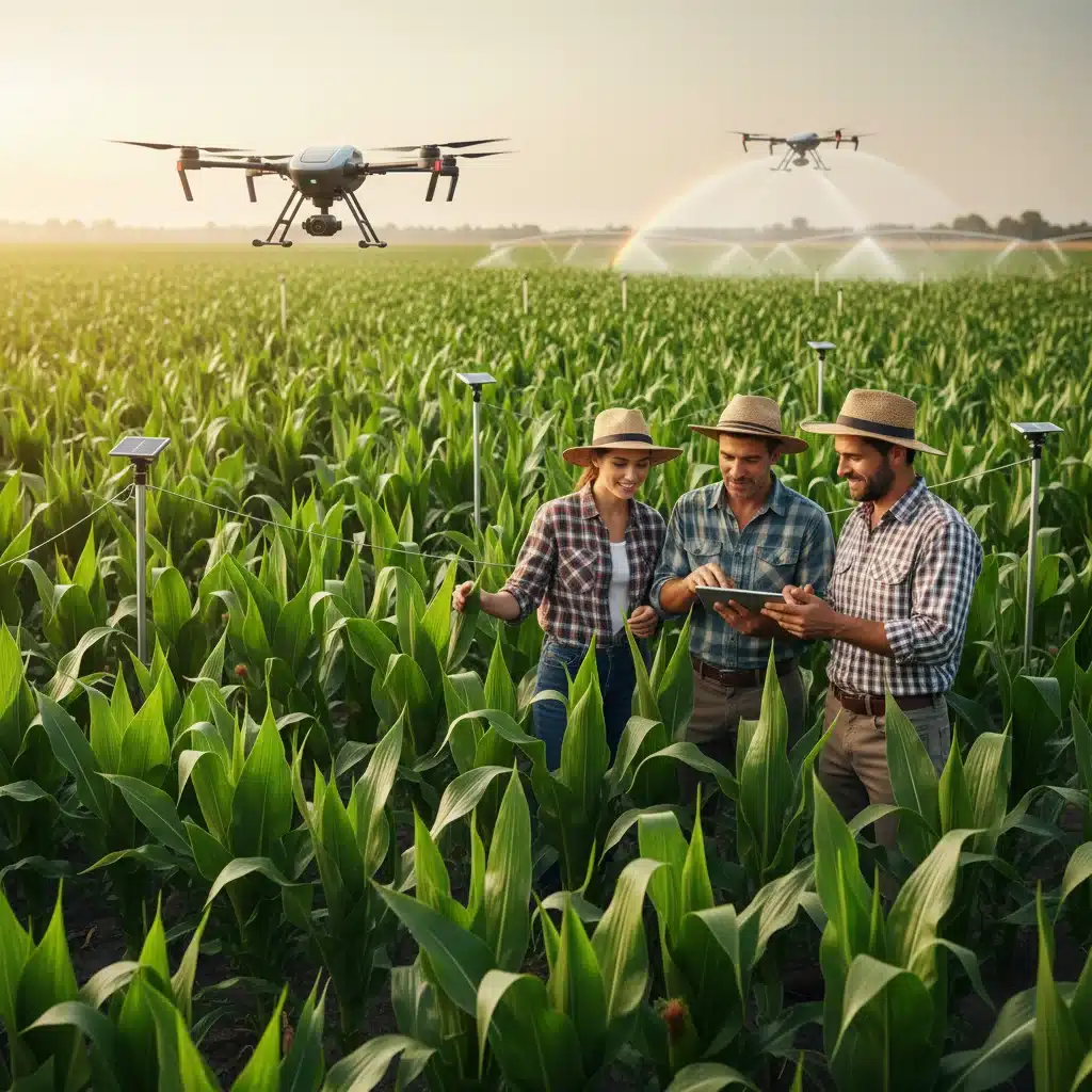Agricultores inspecionando lavoura saudável, com tecnologia agrícola moderna ao fundo.