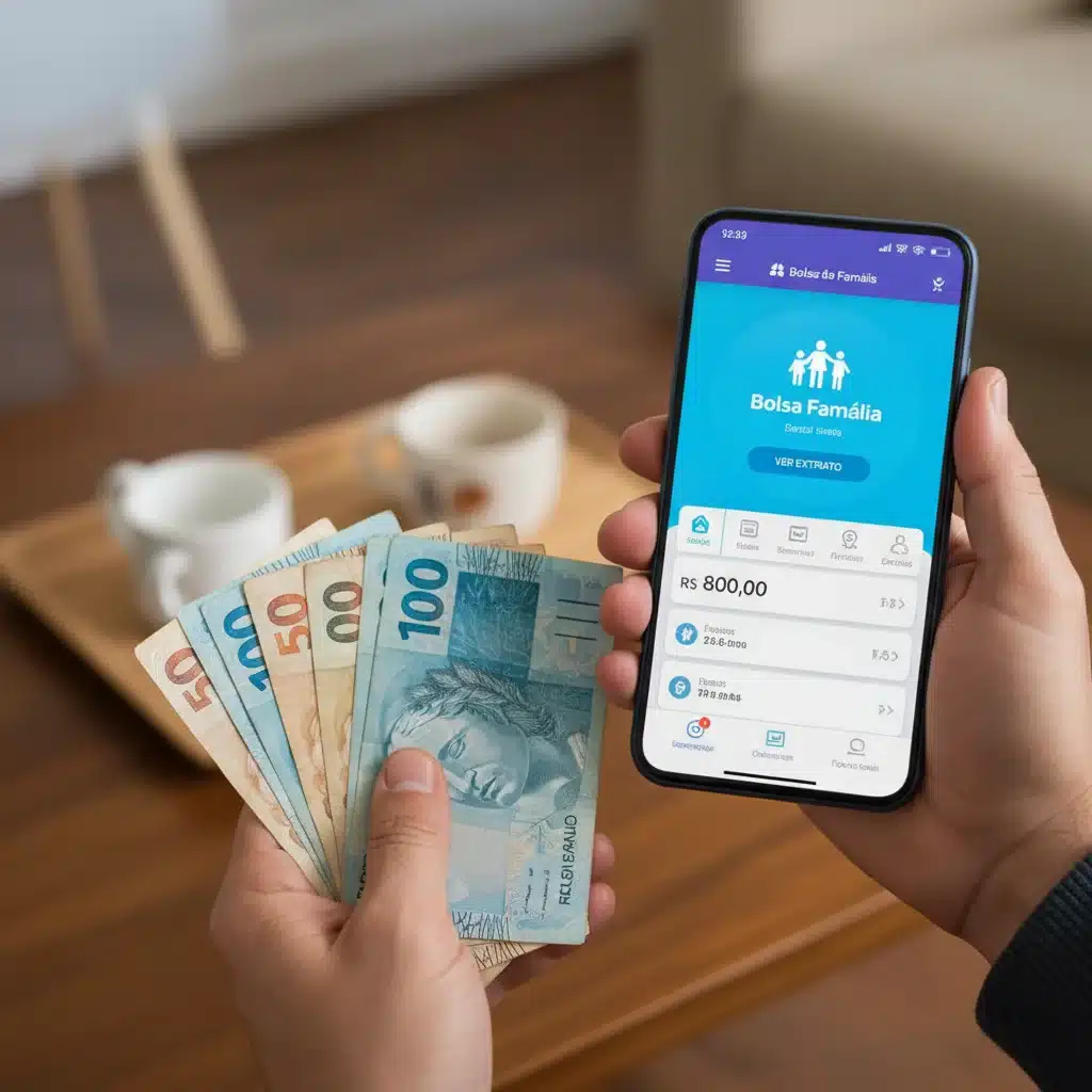 Smartphone mostrando aplicativo Bolsa Família e dinheiro, simbolizando acesso ao benefício.