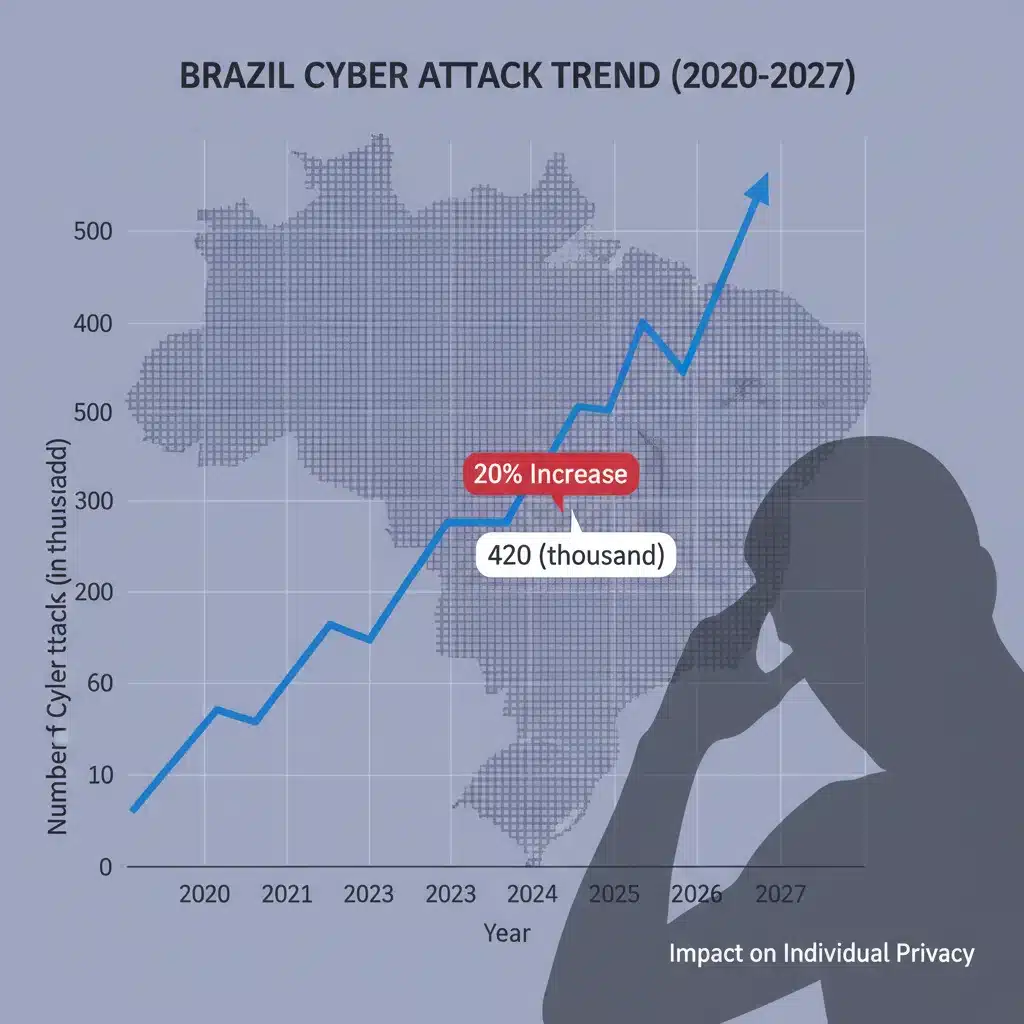 Gráfico mostrando o aumento de 20% em ataques cibernéticos no Brasil, com pessoa preocupada.