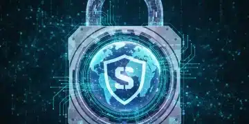 Cadeado digital seguro em um globo, representando a cibersegurança global em 2026 e a proteção de dados.