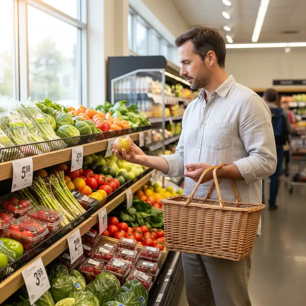 Pessoa escolhendo frutas e vegetais da estação em um supermercado, focando em preço e qualidade.