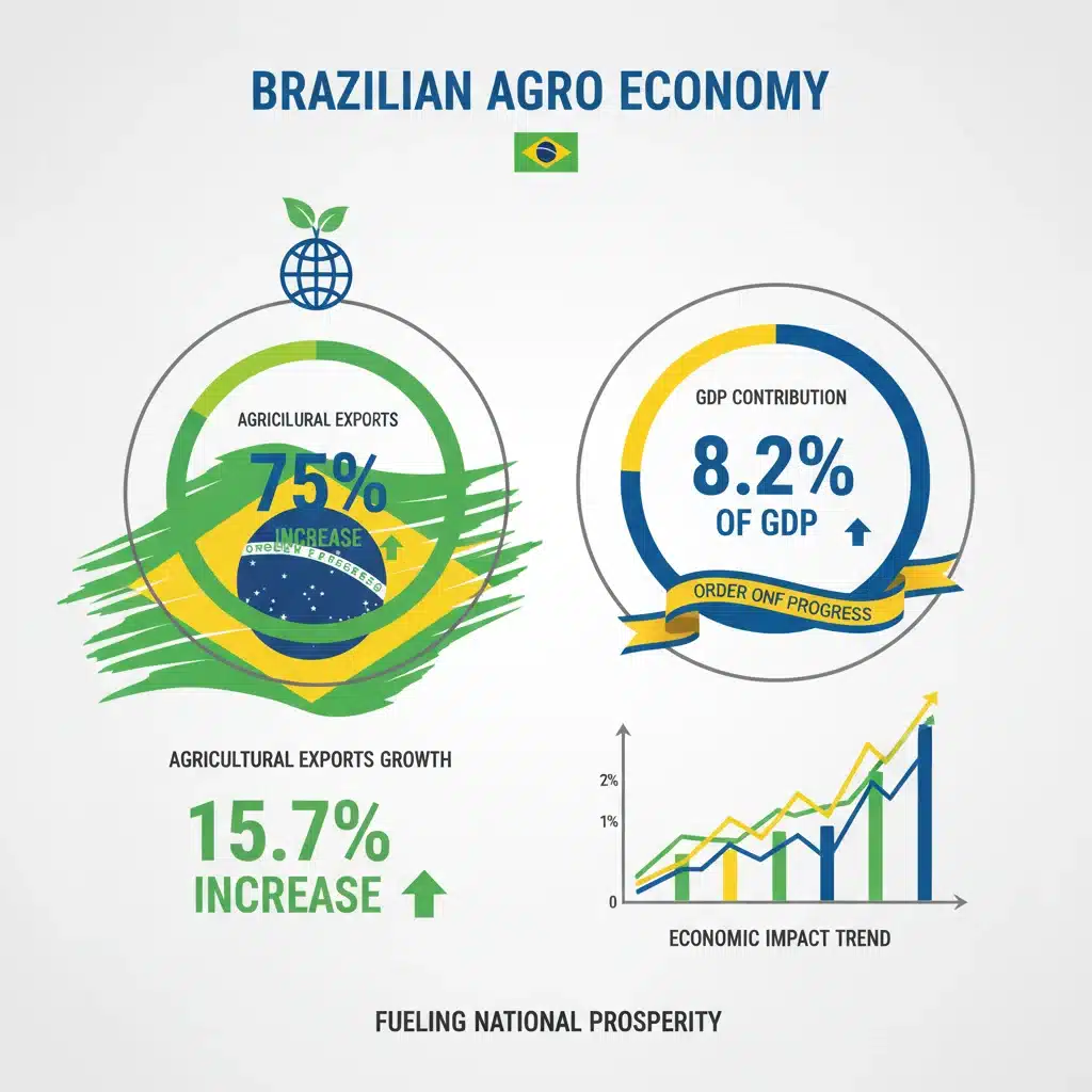 Gráfico de crescimento econômico do agronegócio brasileiro, destacando exportações e PIB.