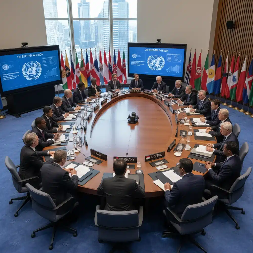 Diplomatas de diferentes países em negociações sobre a reforma da ONU, simbolizando o diálogo multilateral.