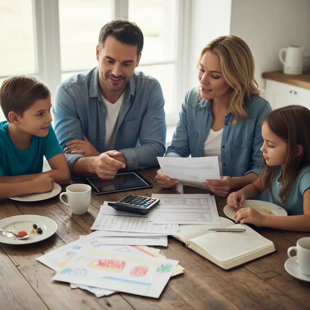 Família reunida à mesa, analisando documentos e planejando finanças, representando o impacto do Auxílio Gás.
