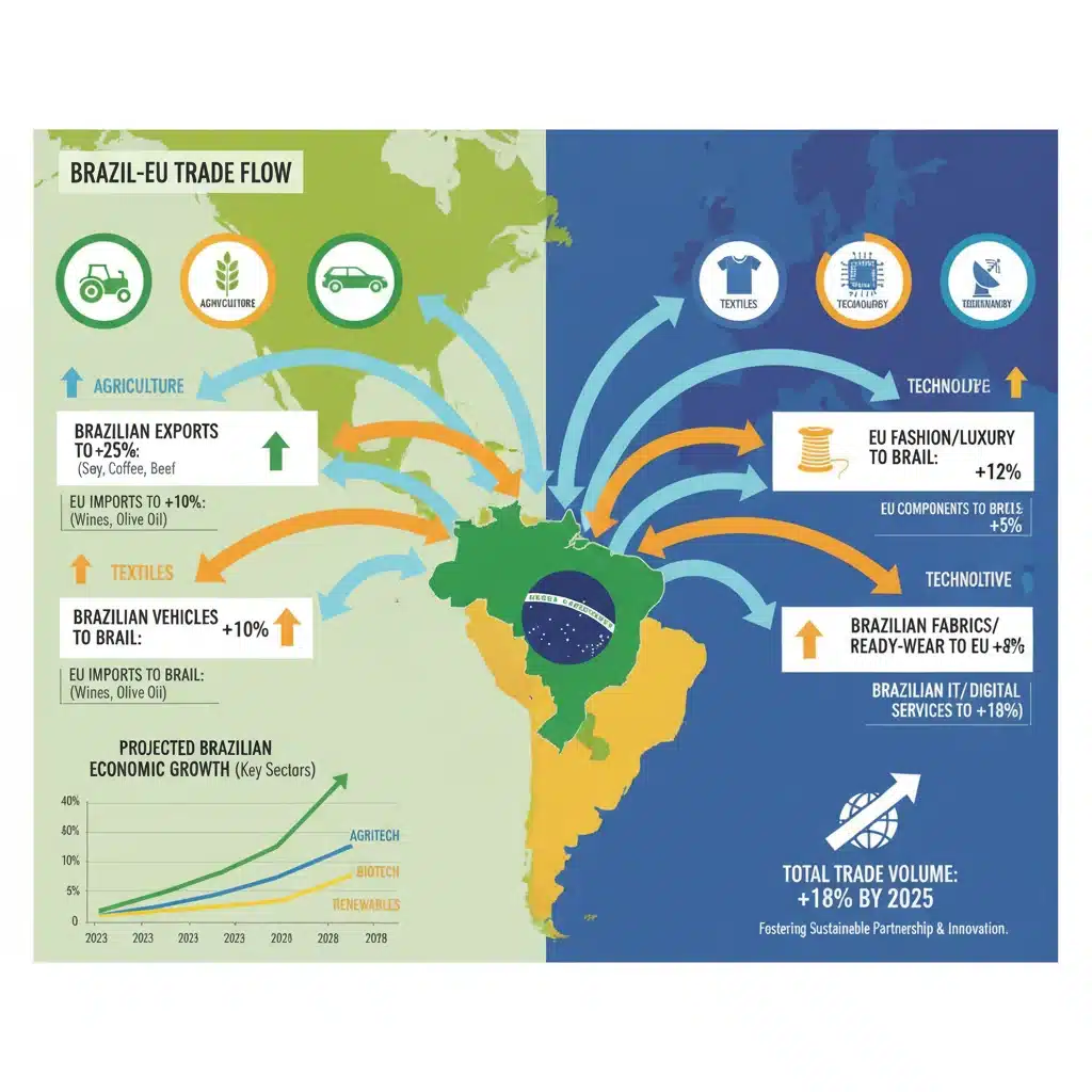 Infográfico detalhado sobre o fluxo de bens entre Brasil e União Europeia, destacando setores-chave e projeções de comércio.