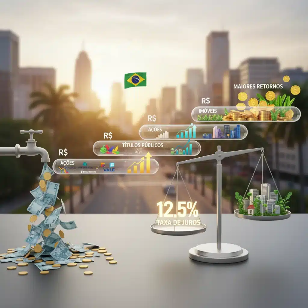 Fluxo de dinheiro para investimentos diversificados, como ações, títulos e imóveis, com foco em retornos financeiros no Brasil.