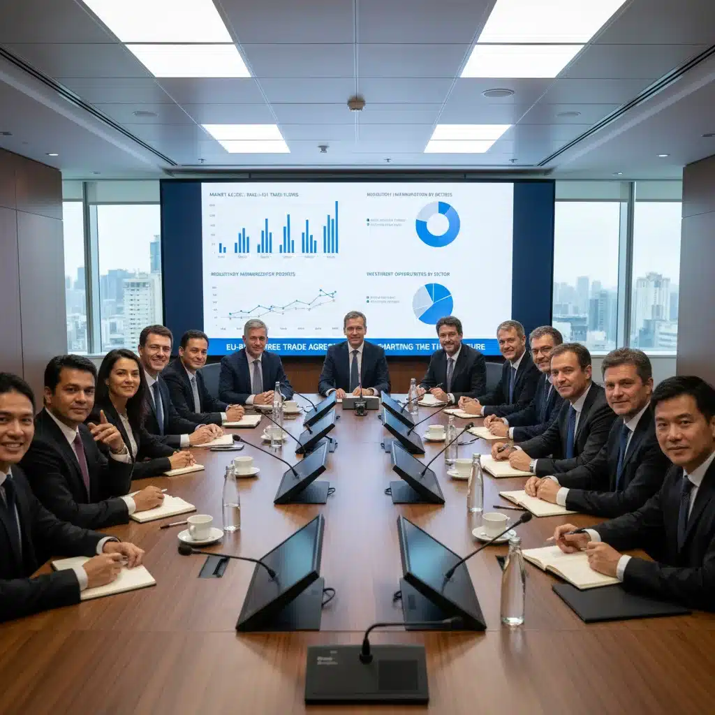 Líderes empresariais brasileiros e europeus em reunião estratégica, discutindo oportunidades e desafios do acordo Mercosul-UE.
