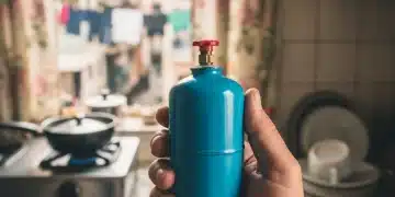 Mão segurando botijão de gás em ambiente doméstico, simbolizando o Auxílio Gás para famílias de baixa renda.
