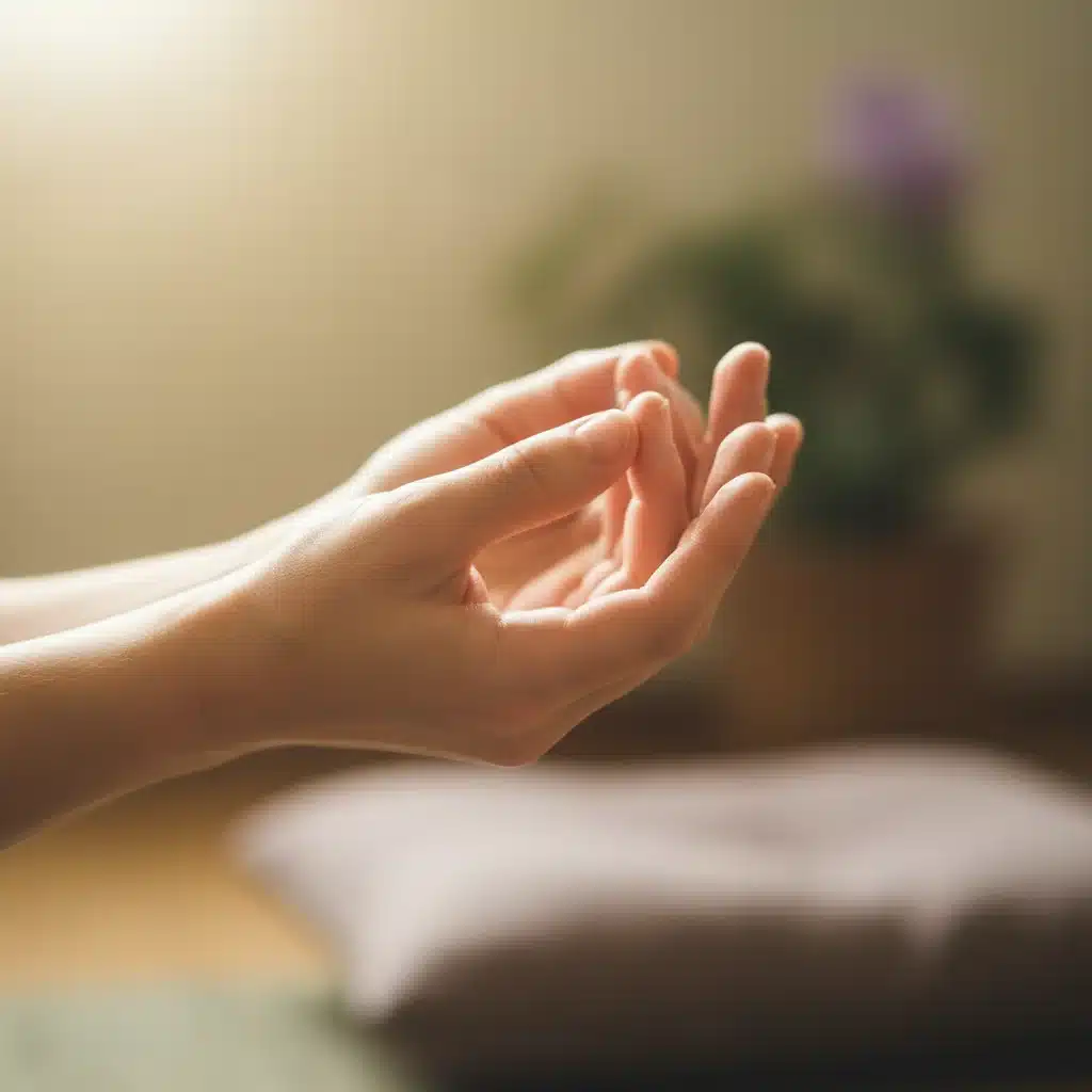 Mãos em gesto de autocompaixão durante a meditação, simbolizando conexão.