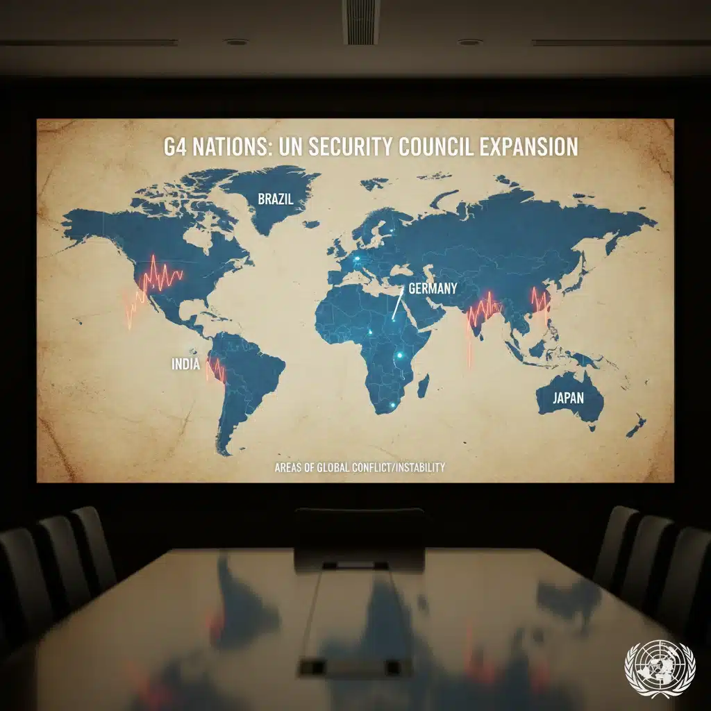 Mapa-múndi destacando países do G4, incluindo o Brasil, na busca por assentos permanentes no Conselho de Segurança da ONU.