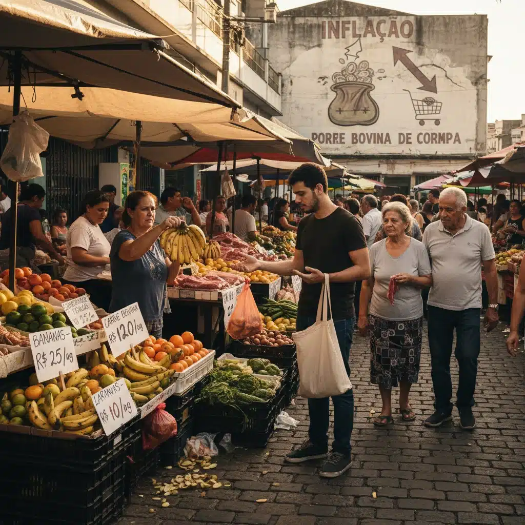 Mercado de rua movimentado no Brasil, com pessoas comprando e vendendo, representando o impacto da inflação e o poder de compra.