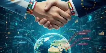 Mãos representando Mercosul e União Europeia em aperto de mãos sobre um mapa-múndi, simbolizando o acordo comercial e seus impactos econômicos futuros.