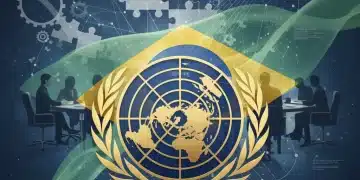 Emblema da ONU com as cores do Brasil, simbolizando a reforma e a participação brasileira.