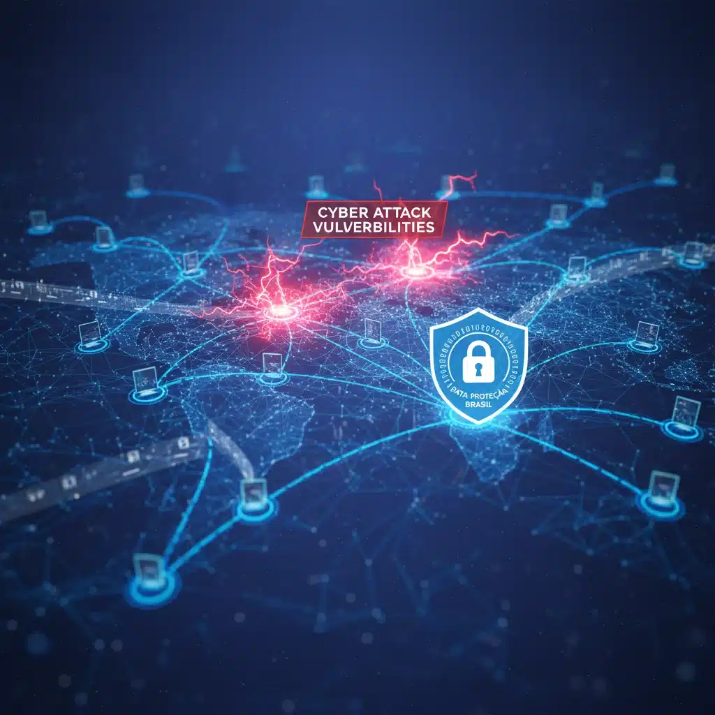 Rede global de dados com pontos vulneráveis e um escudo protegendo informações brasileiras.