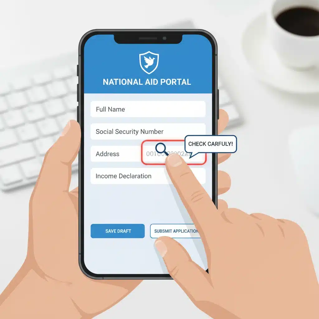 Tela de smartphone exibindo formulário de solicitação online para benefícios sociais, com foco na digitalização dos serviços.