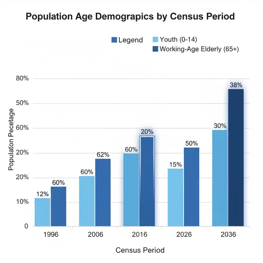 Bar chart illustrating the significant increase in the aging population and shifts in other age demographics from the 2026 census data compared to previous years.